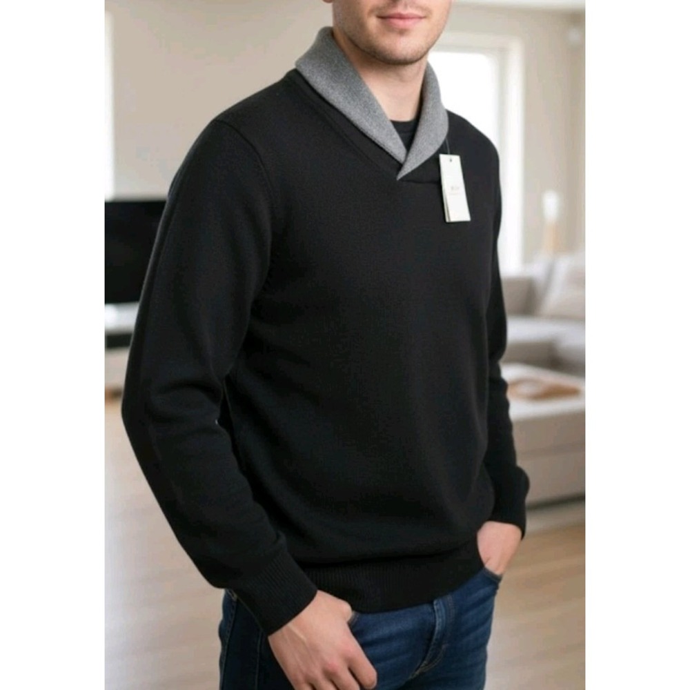 TOSCANO Men's M Black Shawl Collar Sweater Merino Wool Blend Knit‎ Pullover...